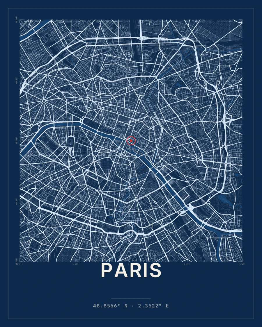 Paris city map poster in the Blueprint style