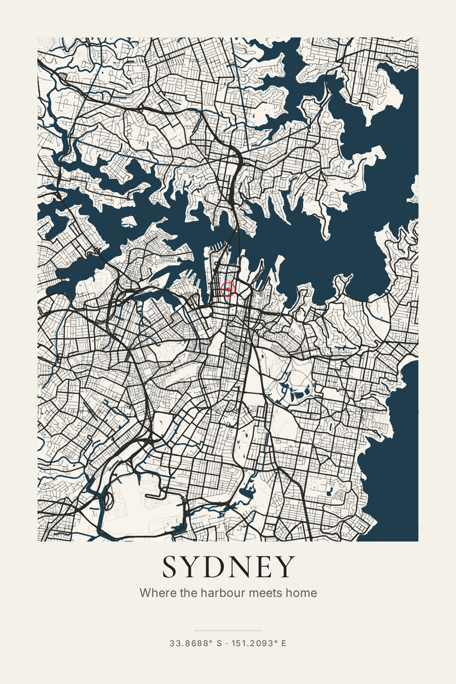 Sydney city map poster — A crisp coastal study shaped by the harbour.