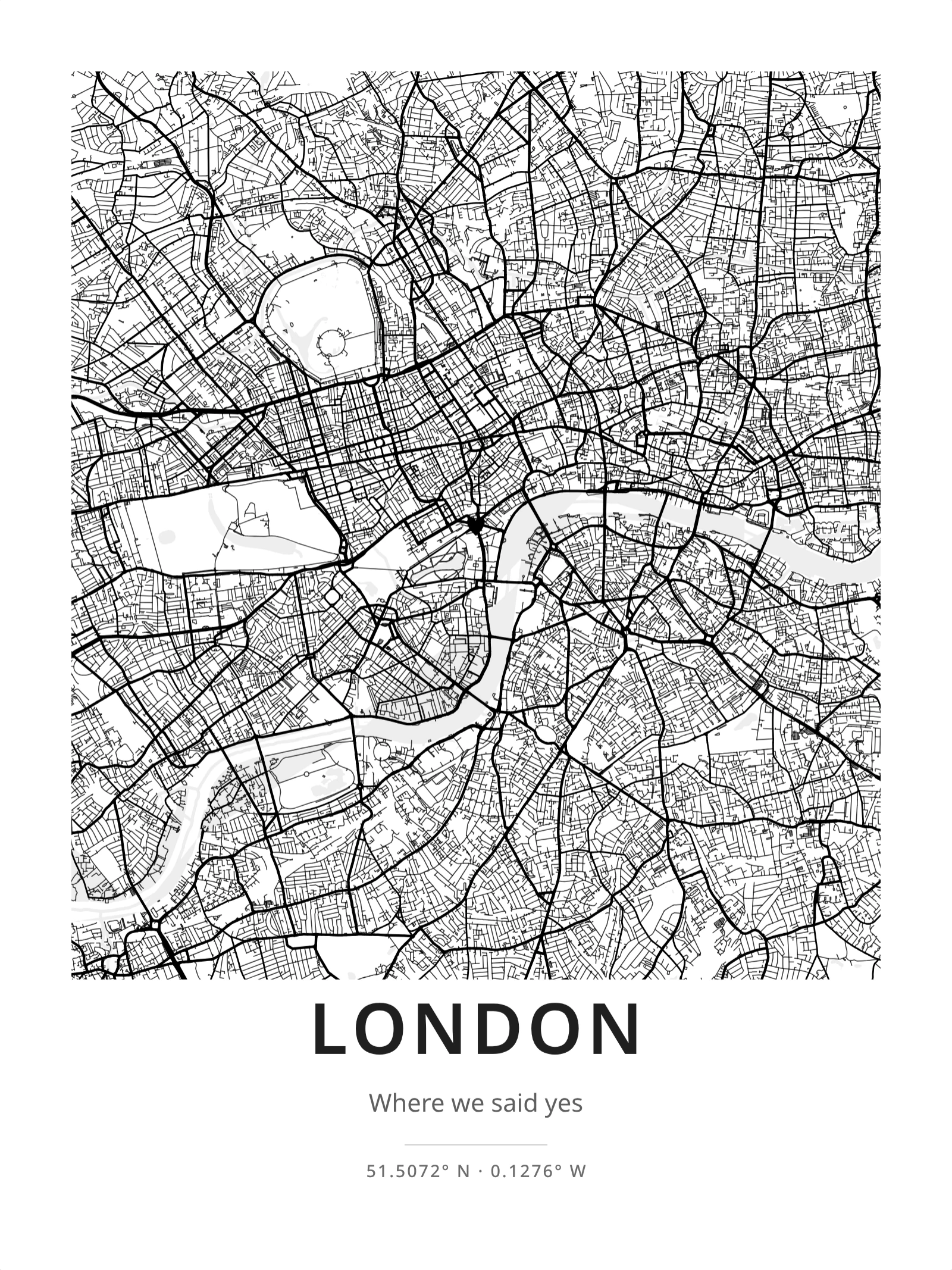 London city map poster — High-contrast editorial black and white.