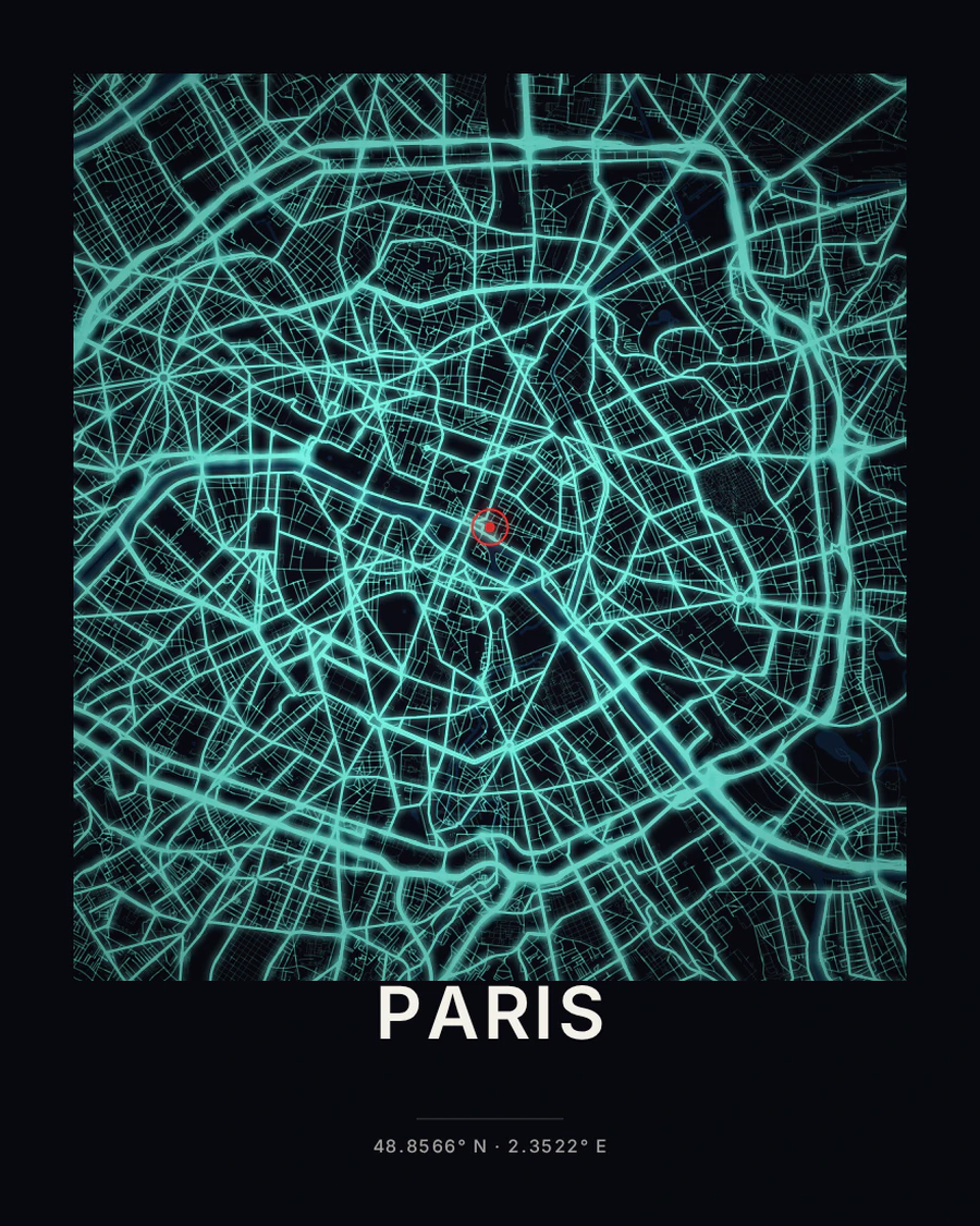 Paris city map poster in the Neon Night style