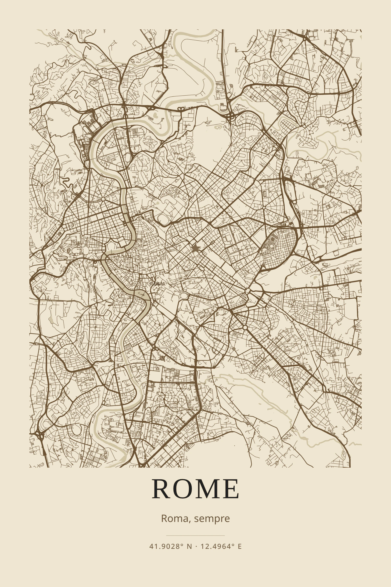 Rome city map poster — Aged paper tones with vintage cartography.