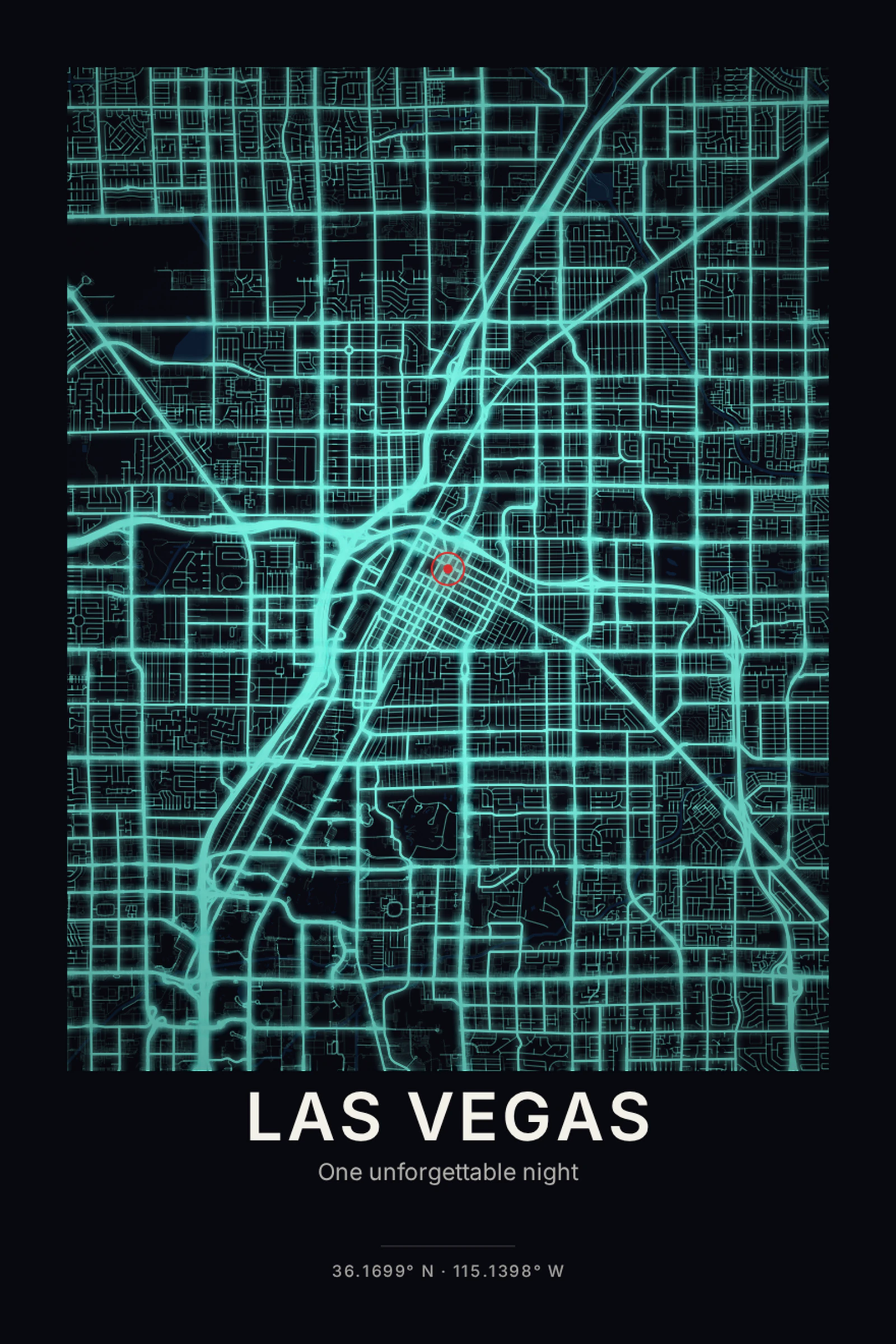 Las Vegas city map poster — Electric neon streets glowing against midnight.