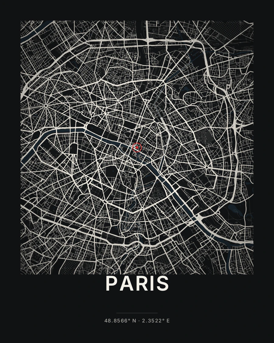 Paris city map poster in the Midnight style