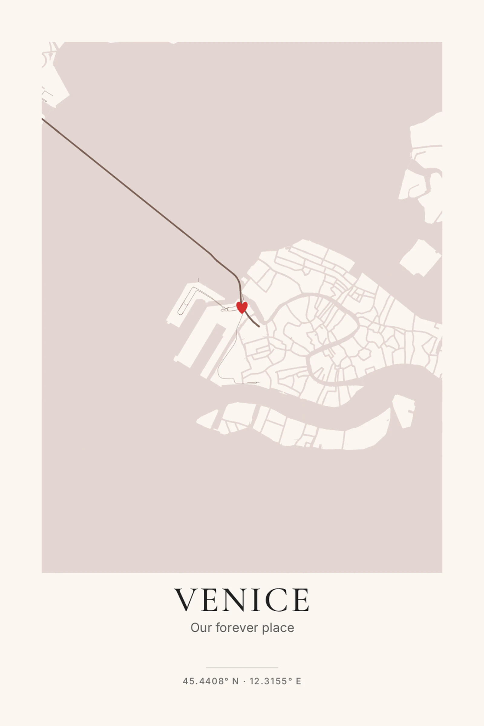 Venice city map poster — Blush paper and graceful lines for a love story.