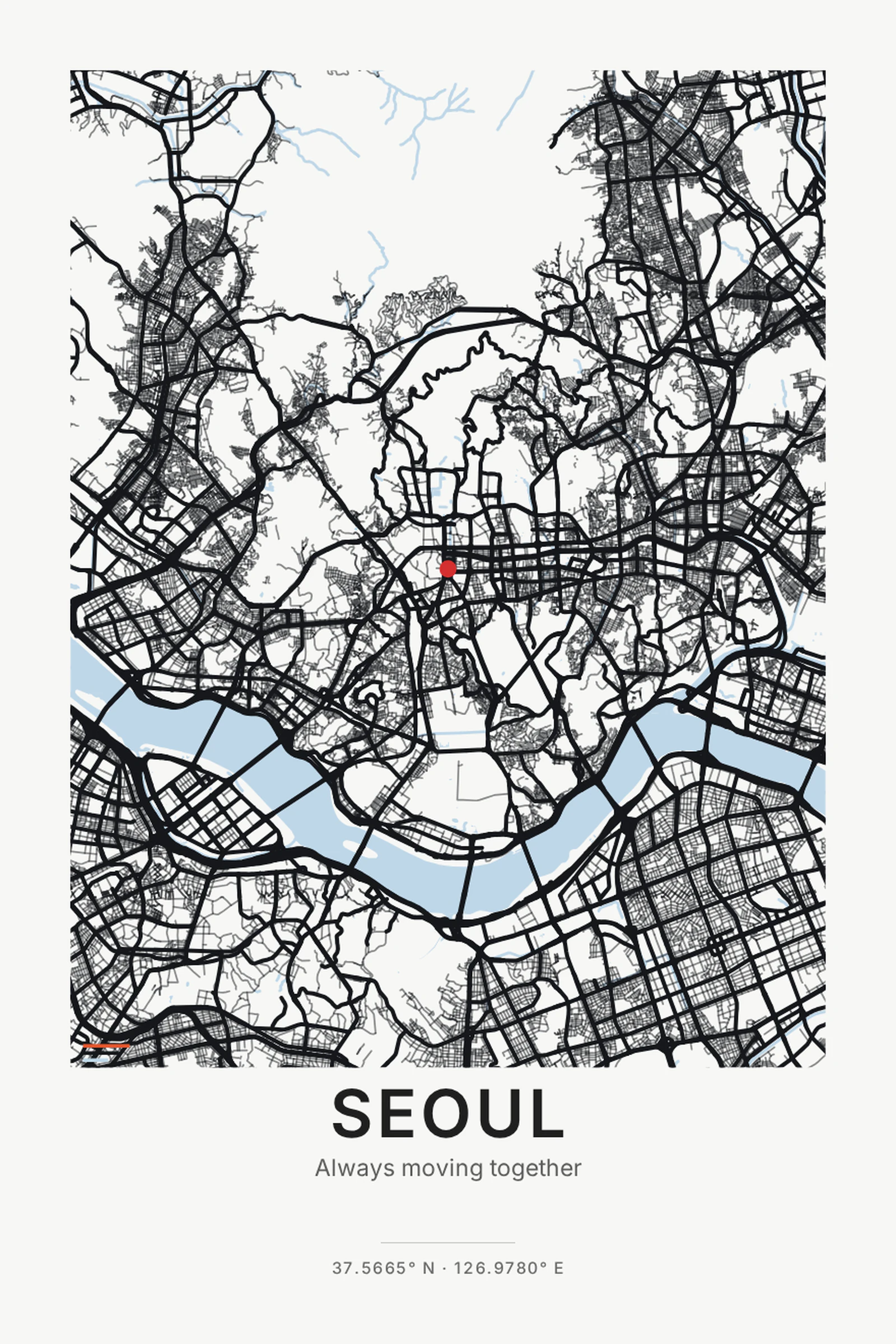 Seoul city map poster — Bold metropolitan lines with energetic contrast.