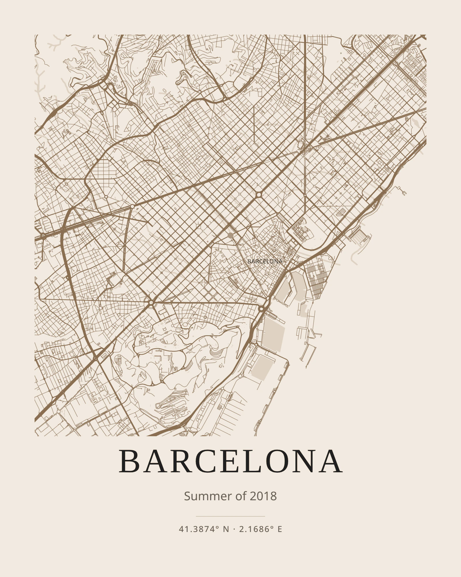 Barcelona city map poster — Warm beige paper with soft brown streets.