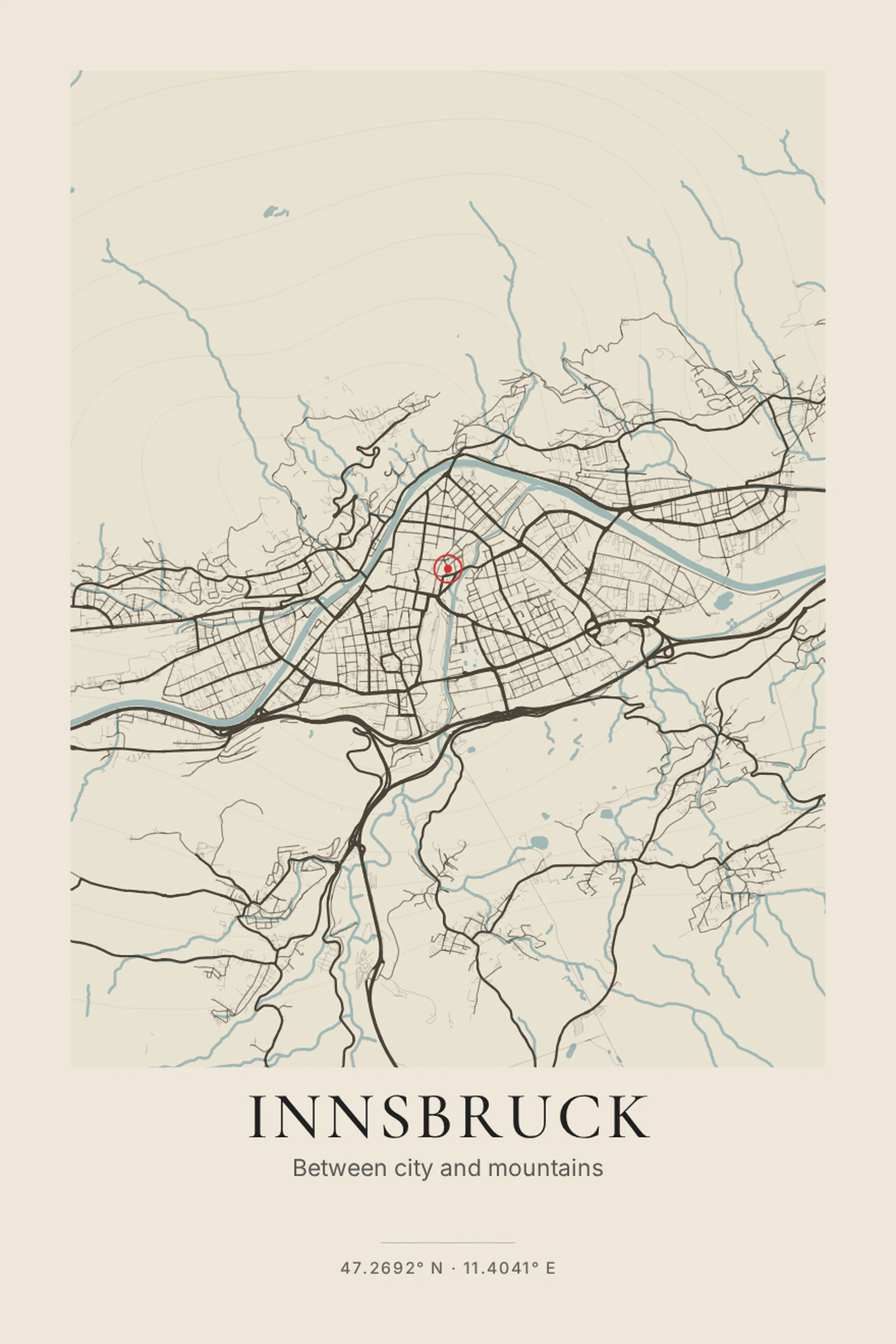 Innsbruck city map poster — Earthy terrain tones for an Alpine city.