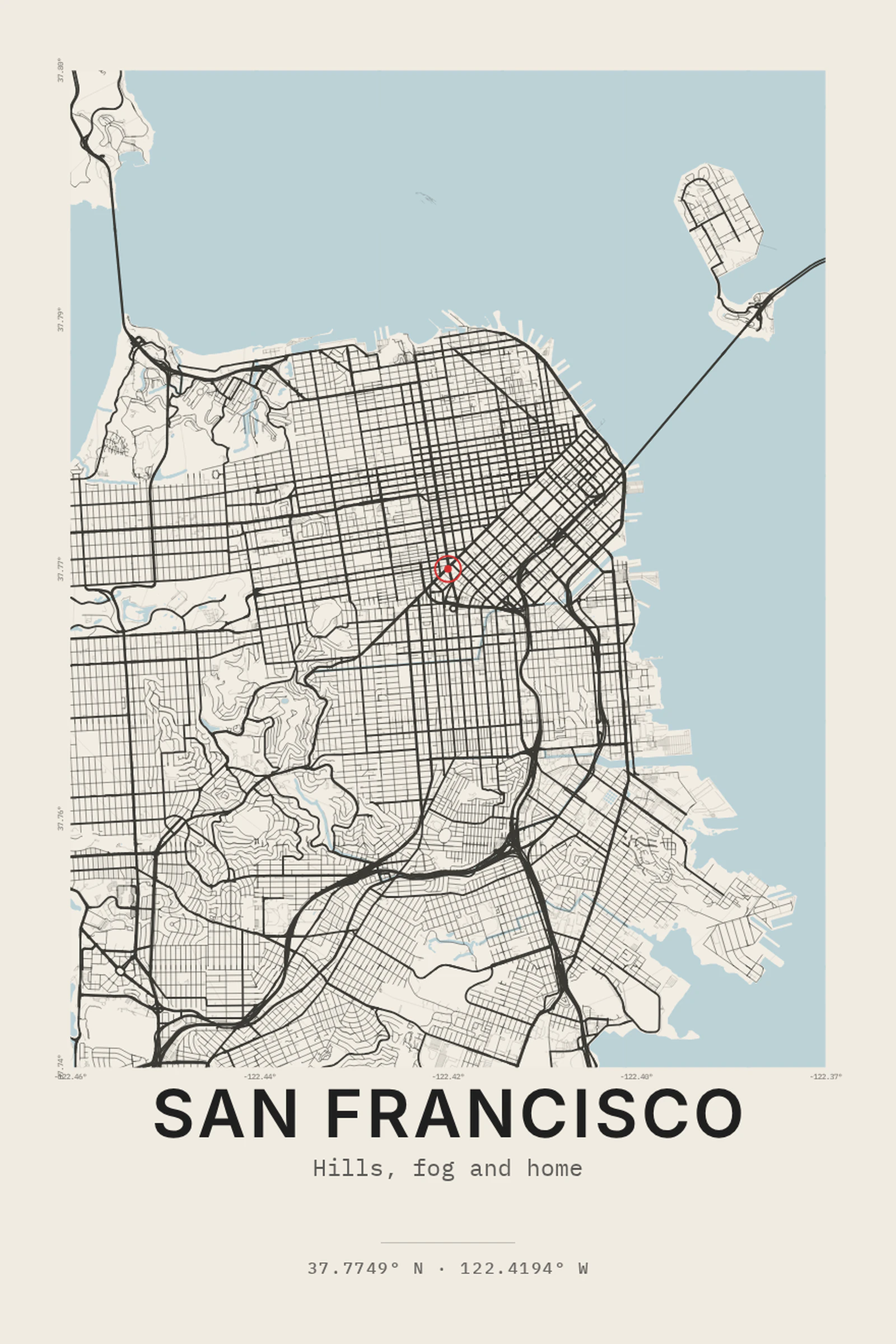 San Francisco city map poster — Layered topographic detail for a city of hills.