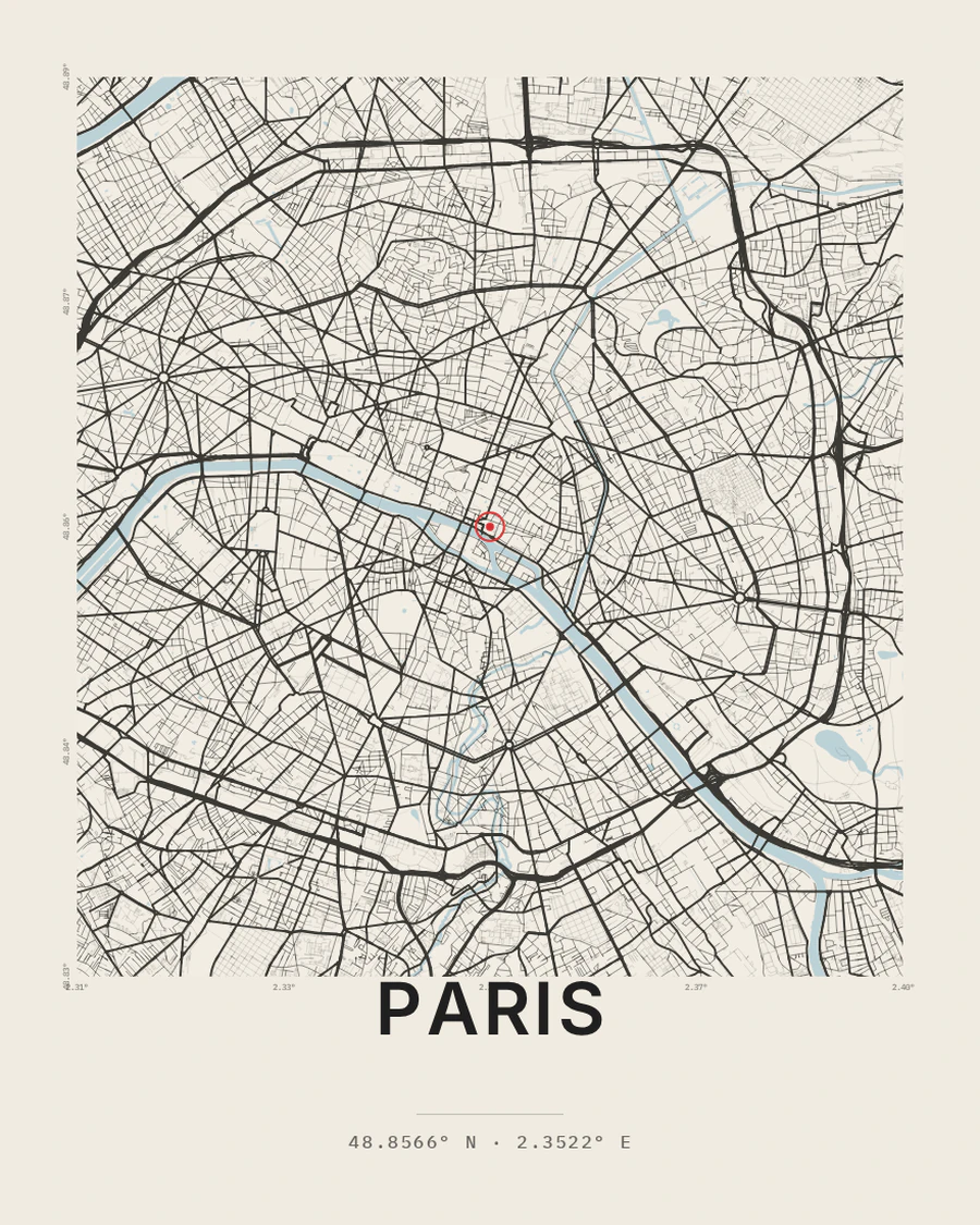 Paris city map poster in the Topographic style
