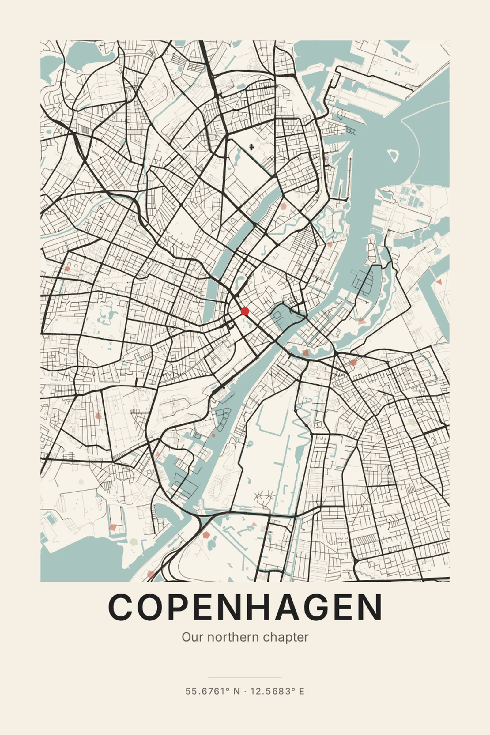 Copenhagen city map poster — Playful terrazzo texture with a graphic street network.