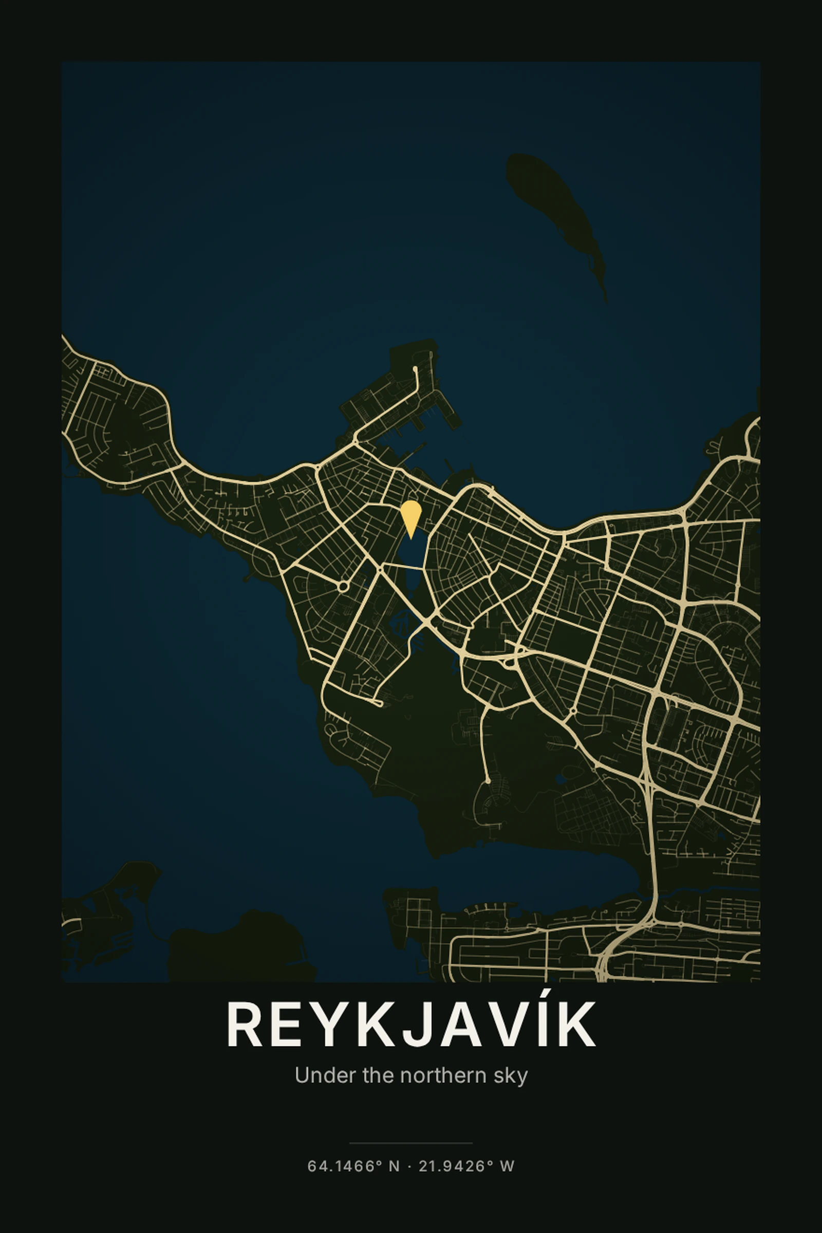 Reykjavík city map poster — Dark satellite-inspired land and luminous roads.