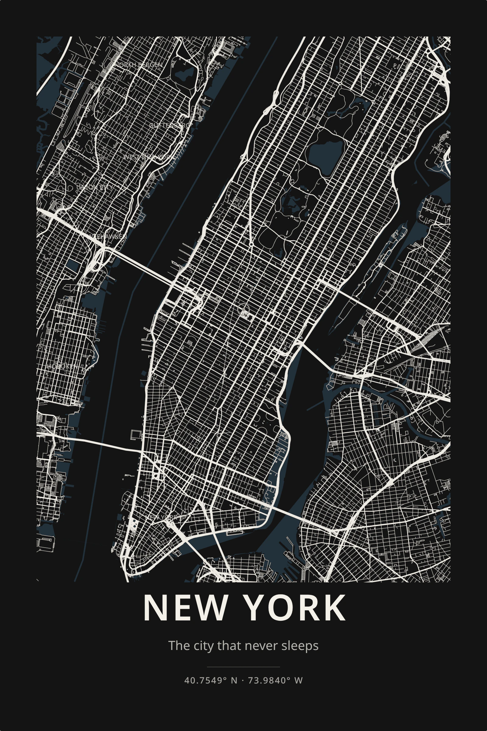 New York city map poster — Charcoal night edition with luminous avenues.